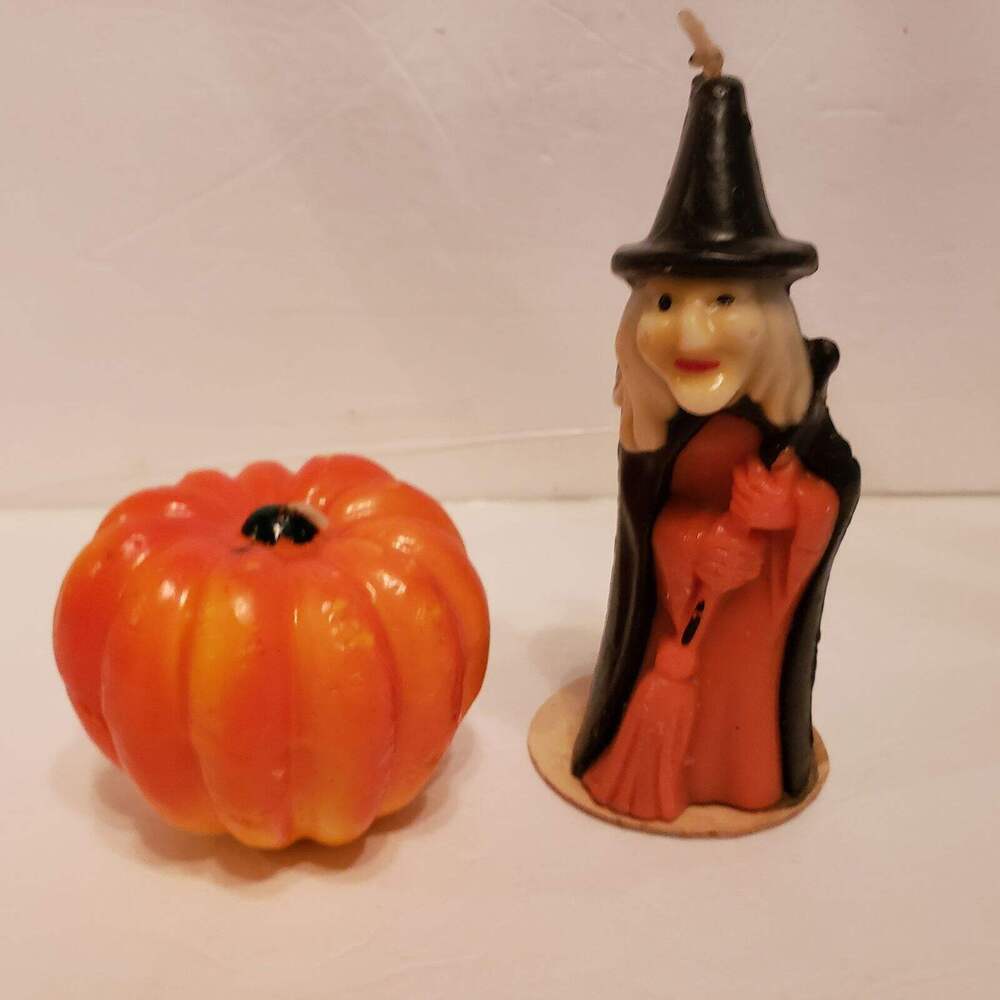 GURLEY Halloween Candles Wicked Witch w/Broom & Pumpkin Wax Decoration Vintage